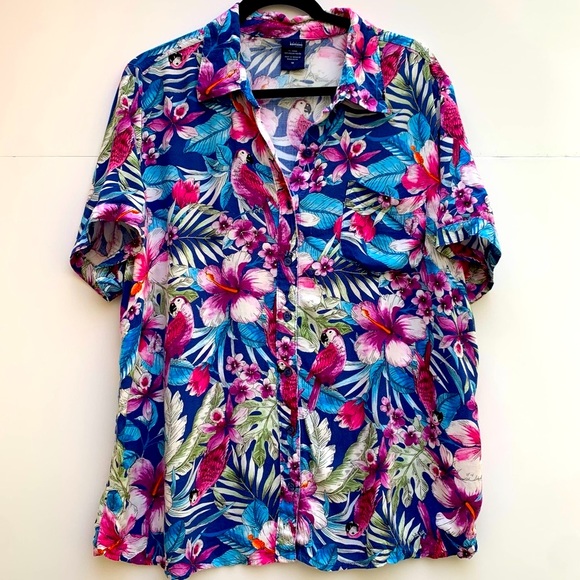 Basic Editions Shirt Size 1X Blue Floral Tropical Parrot Hawaiian Novelty Print - Picture 1 of 10